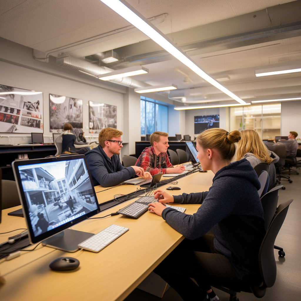 **a fancy classroom with 3 students learning how to do webdesign** - Image #4